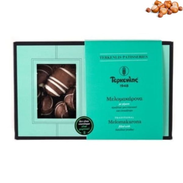 Terkenlis Melomakarona walnut biscuits with praline filling & dark icing 600gr - agora greek delicacies (1)