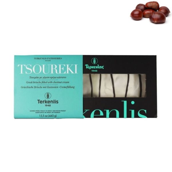 Terkenlis tsoureki - brioche with chestnut filling and white cream coating 450gr - agora greek delicacies - 1