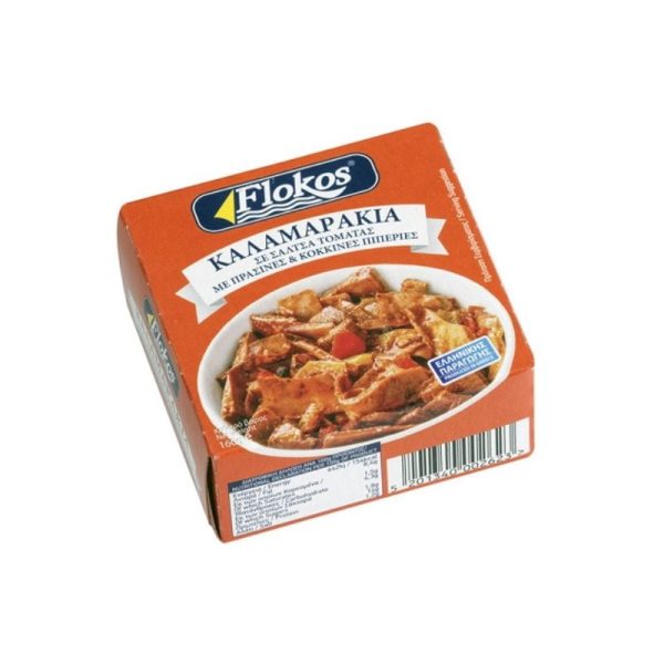 kalamarakia-Squids-tomato-sauce-green-red-peppers-160g-Flokos - Agora Greek Delicacies