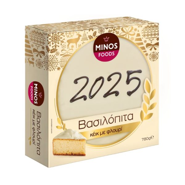 Minos Foods white frosting Vasilopita Cake 2025 with Lucky Coin - New Year's Cake 780gr - agora greek delicacies